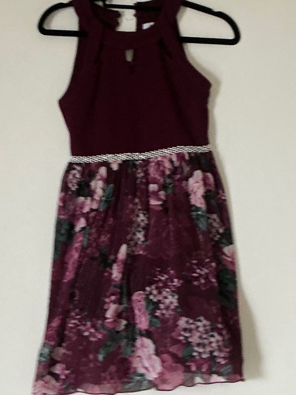 Speechless Kids Burgundy Halter with floral skirt size 10